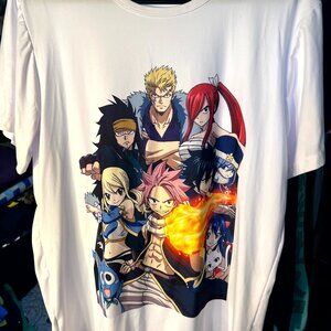 Fairy Tail Chase New Design White Multi-Character Graphic Print T-Shirt SZ 3XL